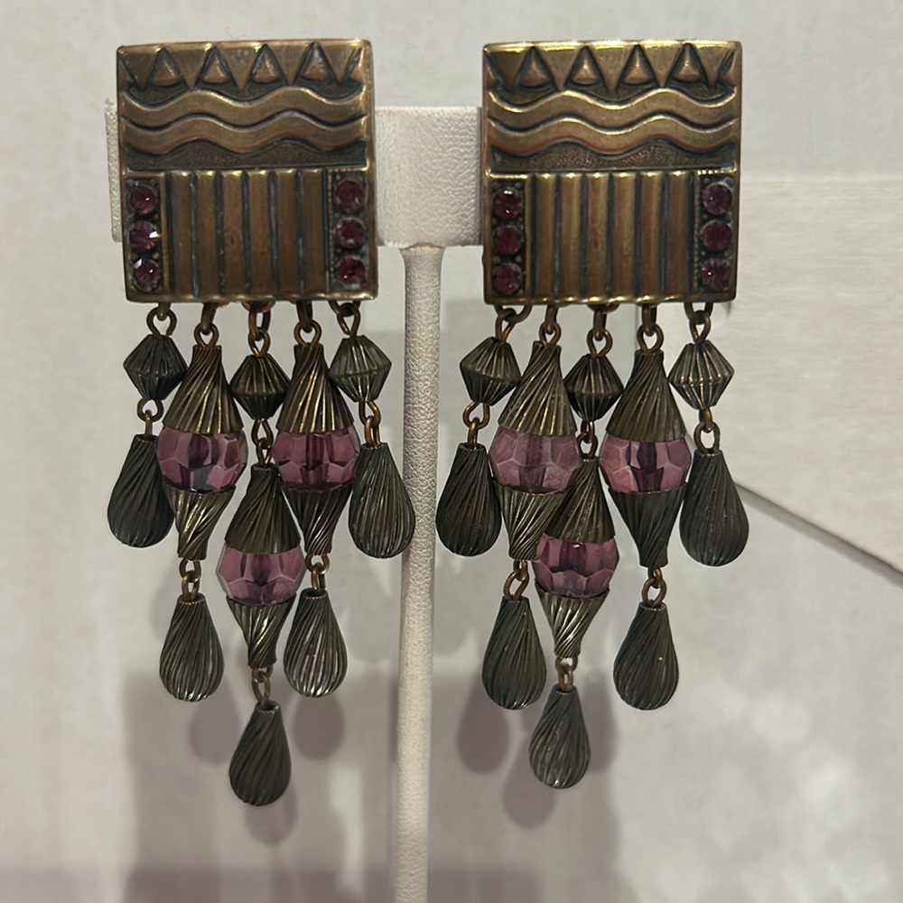 Vintage Amethyst Crystal Antiqued Gold Designer Earrings-Boutique
